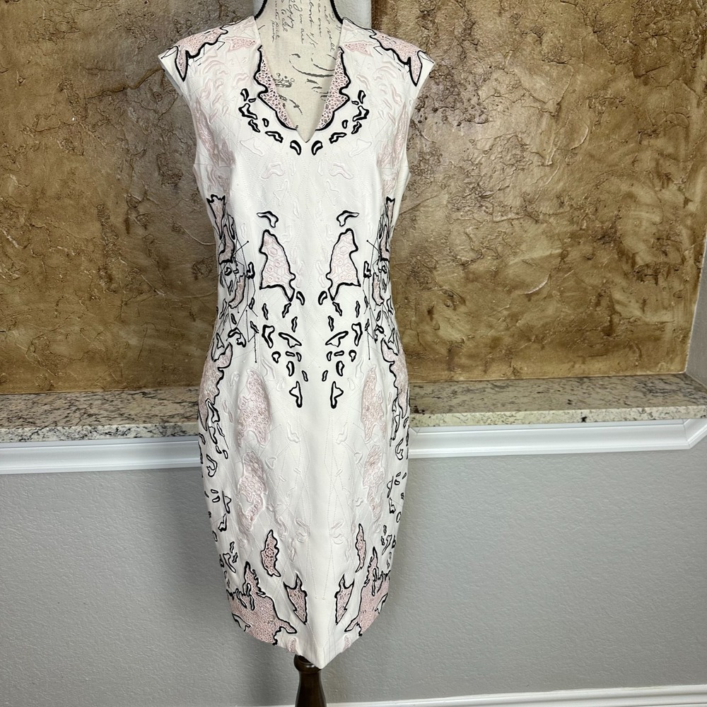NWT PH15 Sheath Dress Sz 12 Embroidered V‎ Neck Sleeveless Blush Pink Black